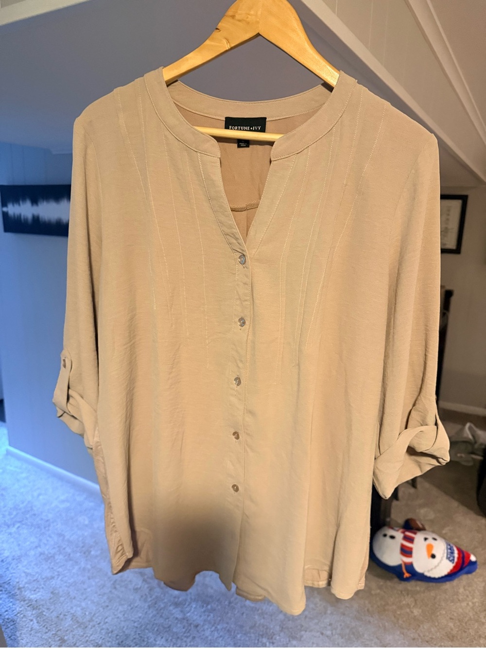 Fortune + Ivy Lightweight Taupe Button-Front Women's Blouse